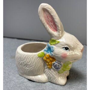 Ceramic Bunny Planter with Floral Accents Figurine